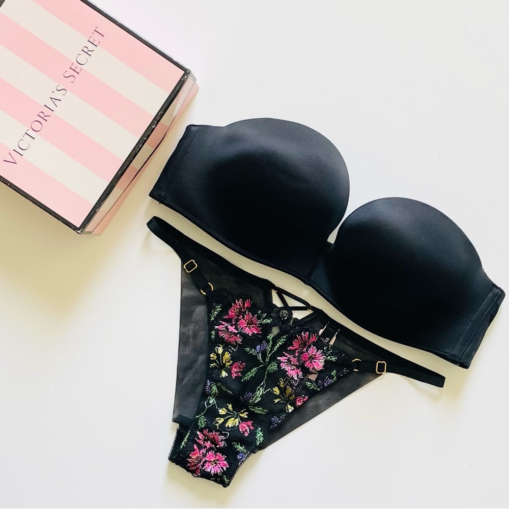 Victoria's Secret Black Strapless Bra with Floral Lace Cheeky Panty